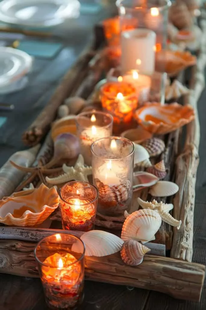 summer table decor ideas for dining table with shells and candles