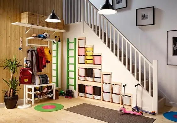 under the stair storage using ikea furniture and bins