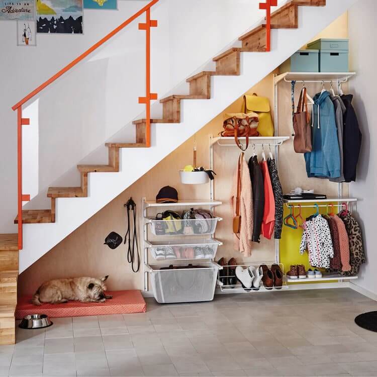 under stair storage with twin rail shelving system