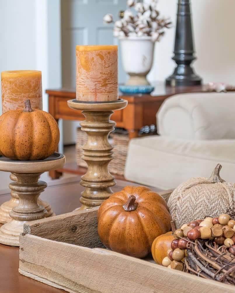 tips for fall decor using pumpkins on a tray.
