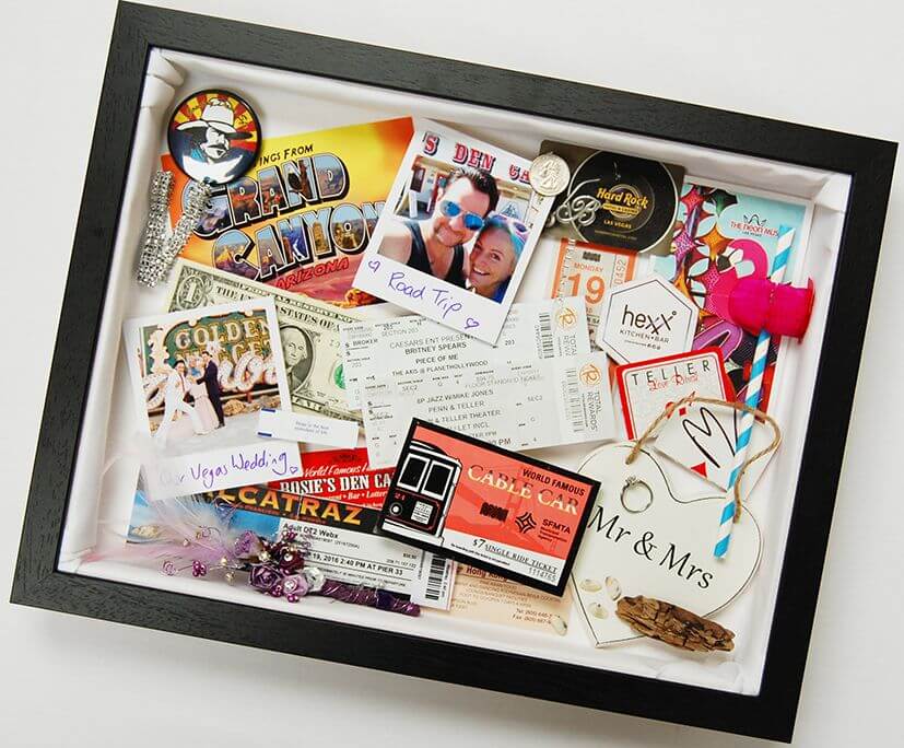 A curated memory shadow box frame, a personalized handmade gift of memories.
