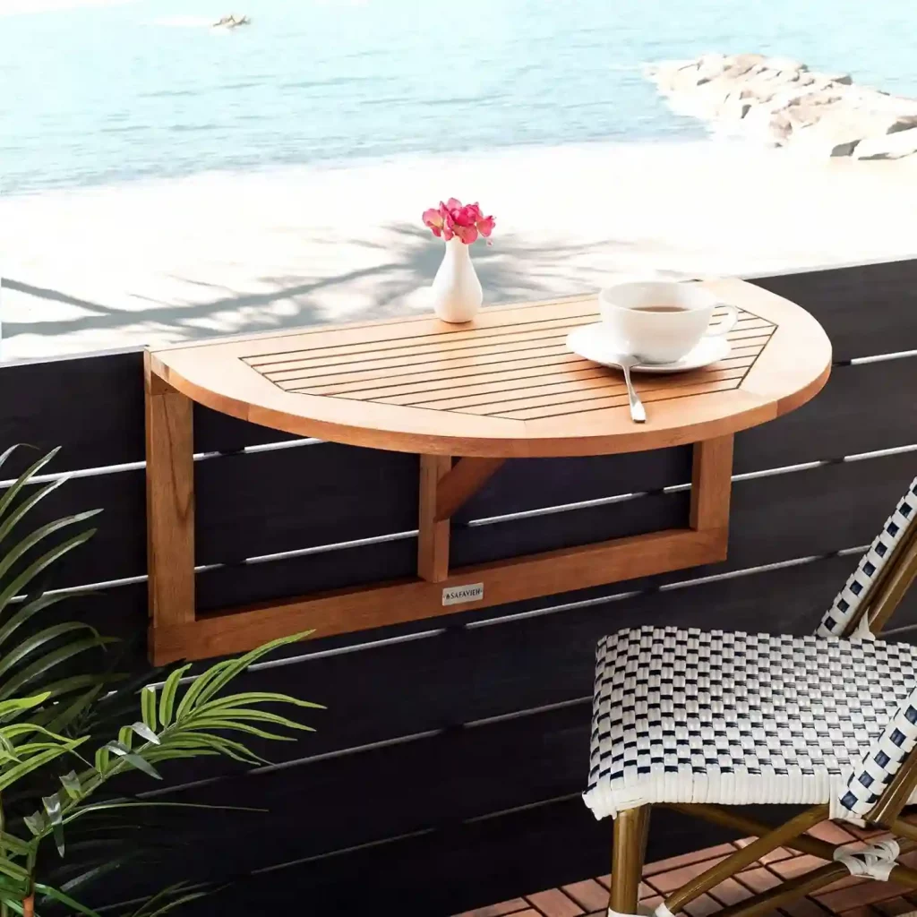 Railing-Mounted Balcony Table for Zero Floor Space Dining wooden half moon table