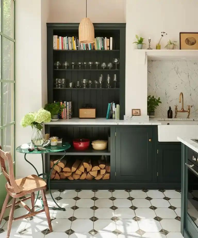 Small kitchen table and chairs with bistro table and vintage chair in the corner of a kitchen.
