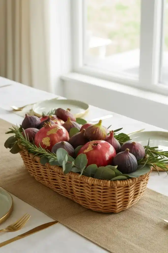 Pomegranates, figs, and pears arranged in a woven basket as natural Thanksgiving decorations