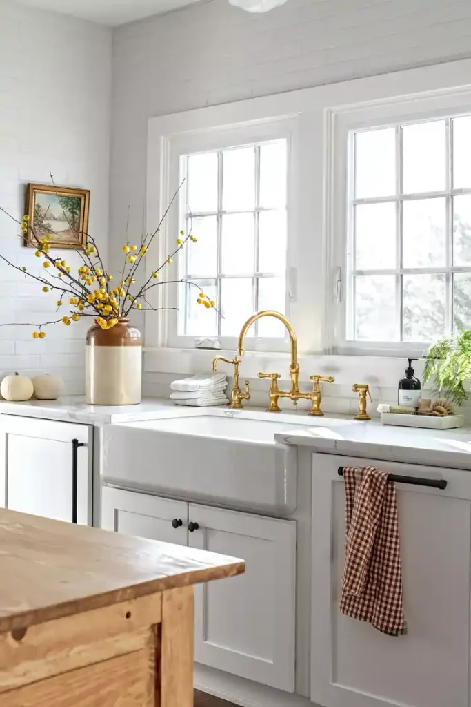 branches with dried buds in clay jug on kitchen counter.