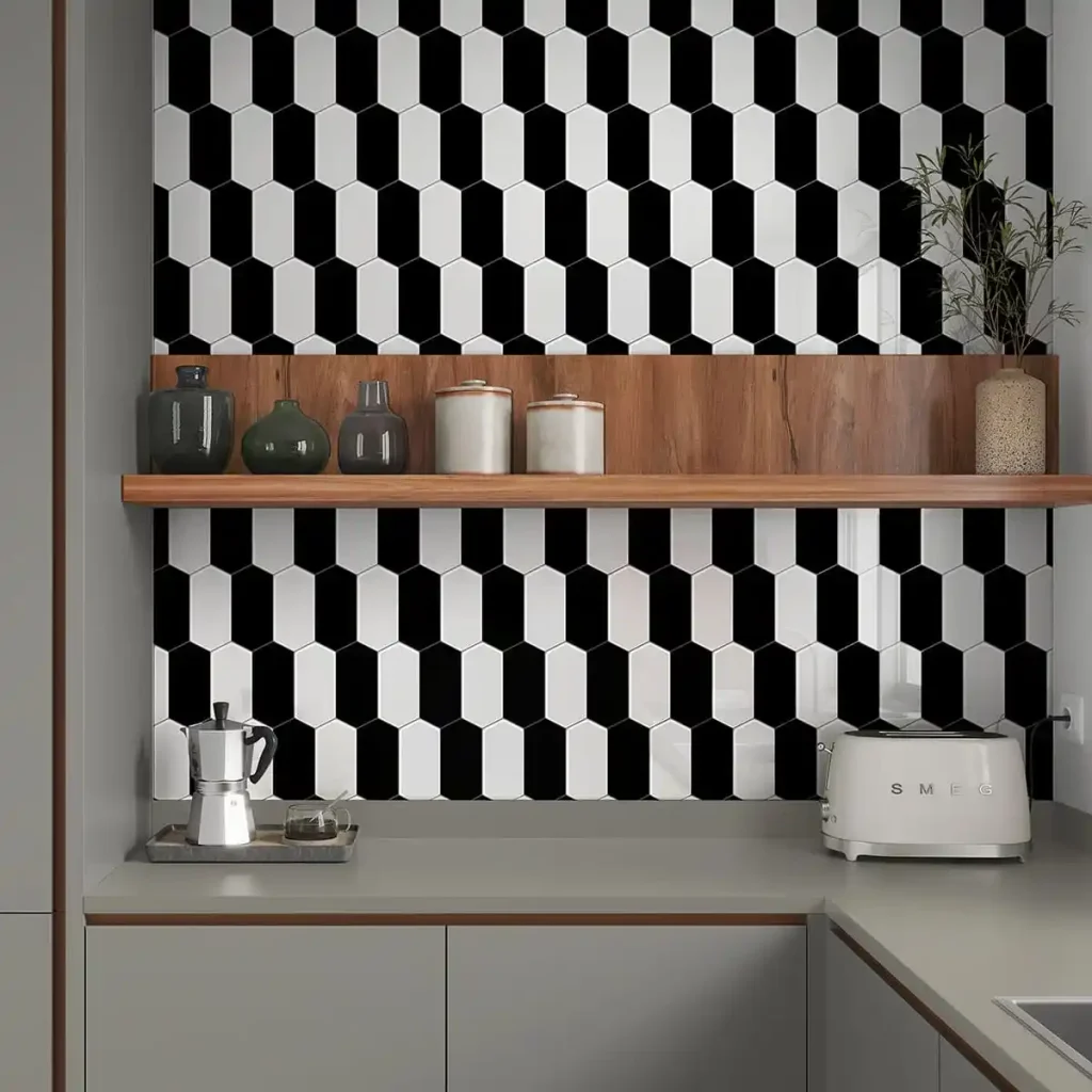 Geometric diagonal black and white tiles creating a contemporary kitchen wall design