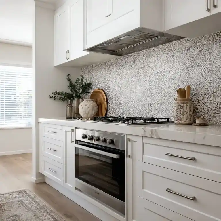 Black and white kitchen backsplash with intricate Moroccan patterned tiles